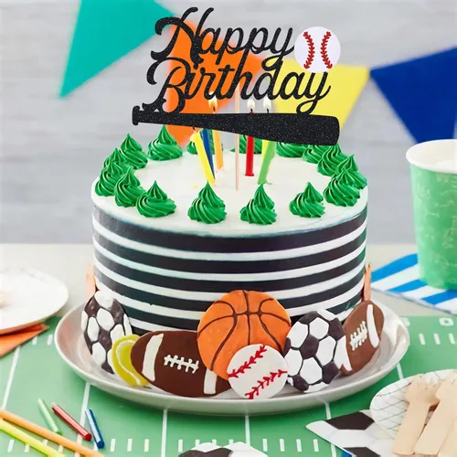 Vista 2 de Decoración para pastel de béisbol de feliz cumpleaños, suministros de decoración de fiesta de béisbol con purpurina negra, perfecto para cumpleaños
