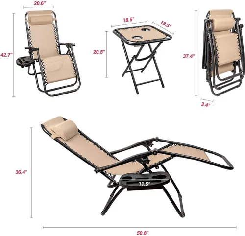 Vista 7 de Homall Juego de 3 sillas de gravedad cero para patio, reclinables, para exteriores, sillas reclinables portátiles con mesa auxiliar (beige)