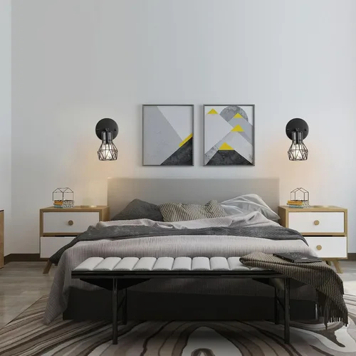 Vista 4 de Juego de 2 apliques de pared con cable negro para baño y pasillo Black metal wire cage wall sconces, E26 base, 90° adjustable hardwired for
