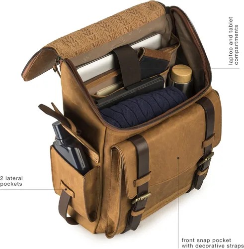 Vista 6 de VELEZ Mochila de cuero de grano superior para hombre + bolsa de fin de semana con compartimento para zapatos, Velez Mochila de cuero para hombre +