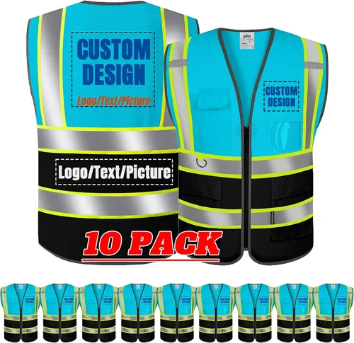 Vista 32 de BeautyWill Chaleco de seguridad con logotipo personalizado Class2 Chaleco reflectante de alta visibilidad con bolsillos y cremallera chaleco