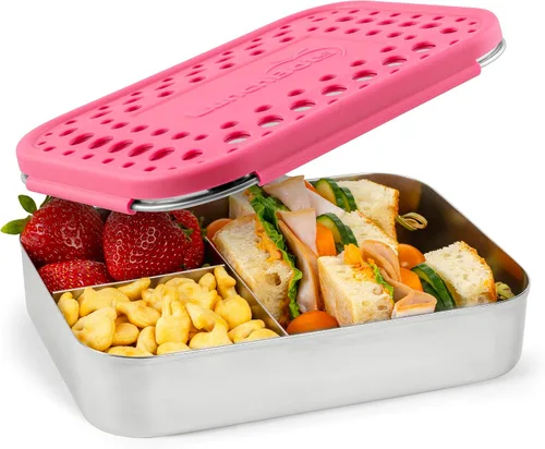 Vista 14 de LunchBots Recipiente de Almuerzo Grande Trio de Acero Inoxidable - Diseño de Tres Secciones para Sándwich y Dos Acompañamientos - Caja de Almuerzo