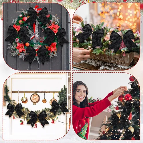 Vista 6 de Cindeer 24 piezas lazos de Navidad negros de 6 x 6 pulgadas, adornos navideños con purpurina lazos con lentejuelas para árbol de Navidad, corona