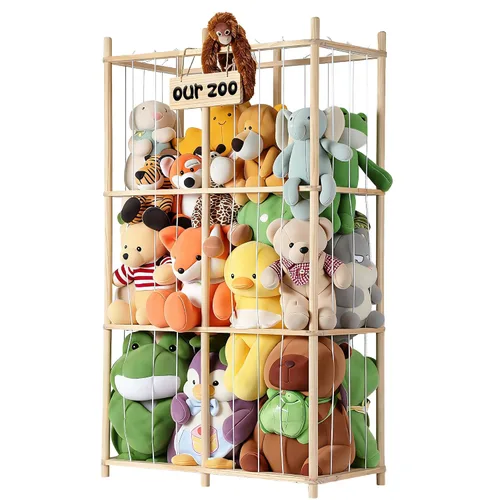 Vista 11 de LAMU Almacenamiento de animales de peluche, organizador de animales de madera con rellenos de zoológico con cordones elásticos, organizadores