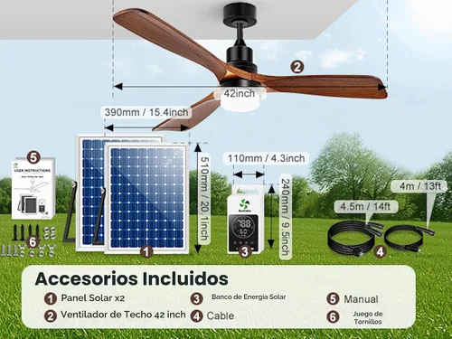Vista 4 de Ventilador de techo solar para cenador de 42 pulgadas con batería y termostato inteligente