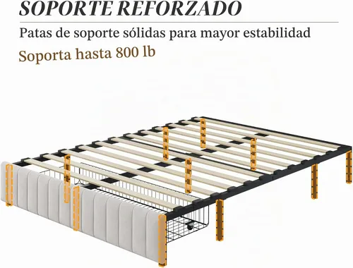 Vista 9 de Yaheetech Bastidor de cama completo con plataforma tapizada con 3 cajones de almacenamiento, gran espacio de almacenamiento/Listones de madera