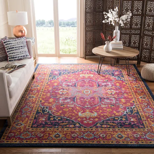 Vista 18 de SAFAVIEH Evoke Collection EVK275C Medallón oriental envejecido, no desprende pelusa, 2'2" x 4', color azul/naranja, alfombra de acento para sala