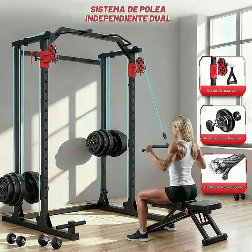 Vista 2 de OPPSDECOR Power Cage, 2000LBS Squat Rack with Dual Pulley Cable Crossover System, Multifunctional Power Rack with More Training Attachments for Home