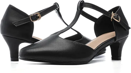 Vista 7 de kkdom Zapatos de tacón bajo con correa en T y puntera cerrada para mujer