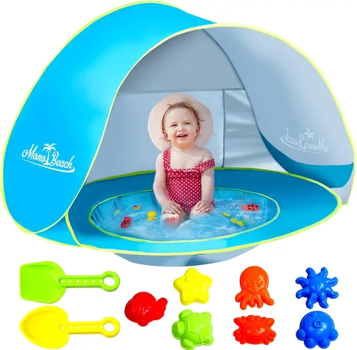 Vista 11 de Monobeach Tienda de campaña de playa para bebés con piscina: tienda de campaña desplegable con estrellas marrones para niños pequeños, refugio