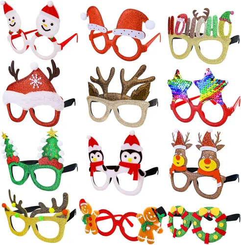 Vista 2 de Thuodo 12 lentes de Navidad con purpurina para fiestas, marcos de gafas de disfraz para fiestas de Navidad, vacaciones, cabina de fotos, gafas