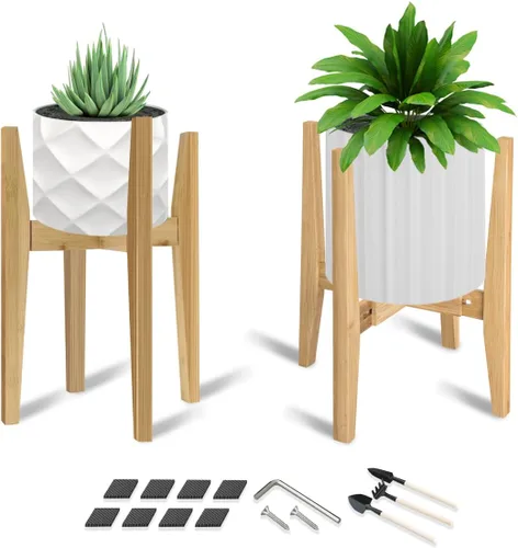 Vista 8 de OERGKE Soporte ajustable para plantas de interior, soportes de bambú modernos de mediados de siglo, soporte de flores de esquina para sala de estar