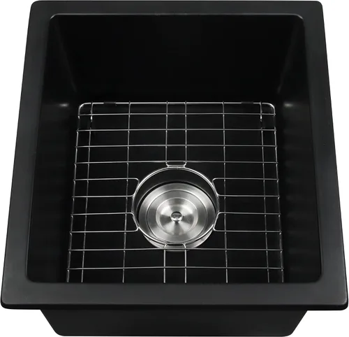 Vista 9 de Fregadero de barra negro de montaje inferior, fregadero pequeño de barra compuesto de 15 x 17 pulgadas, fregaderos de cocina y barra de granito