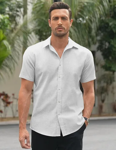 Vista 2 de COOFANDY Camisa Oxford de manga corta para hombre, de algodón, con botones y ajuste regular