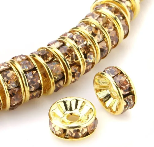 Vista 21 de RUBYCA 100 unidades de cuentas espaciadoras redondas estilo Rondelle en tono dorado de 10 mm, cristal checo AB blanco