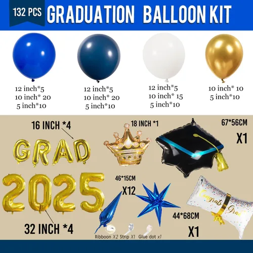 Vista 6 de Kit de arco de guirnalda de globos de graduación con temática azul con globos de aluminio para estudiantes universitarios de secundaria, clase