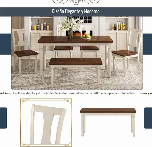 Vista 5 de LUMISOL Juego de mesa de comedor de 6 piezas con banco, juego de mesa de cocina rectangular de granja para comedor, mesa de comedor y juego de 4