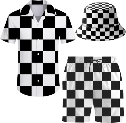 Vista 8 de Conjunto deportivo de 2 piezas para hombre, camisa hawaiana, pantalones cortos, camisa con botones y pantalones cortos con sombreros de pescador