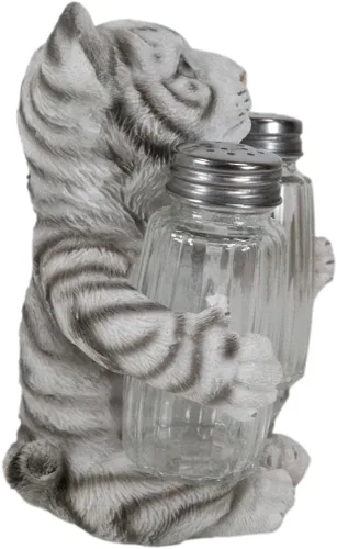 Vista 4 de Ebros Gift Selva tropical selva tropical Albino Blanco Bengala Tiger Cub Hugging Salero y Pimentero Estatua Depredador Tigres del Bosque Gatos
