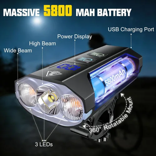 Vista 4 de Luces de bicicleta para montar por la noche, 8000 lúmenes, luz trasera súper brillante para bicicleta, luz de bicicleta recargable de 5800 mAh