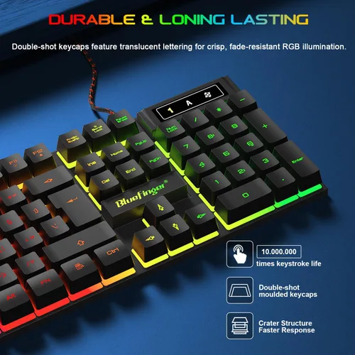 Vista 5 de BlueFinger Teclado para juegos USB con cable de tamaño completo, teclado retroiluminado con arco iris iluminado con teclas multimedia, escritura
