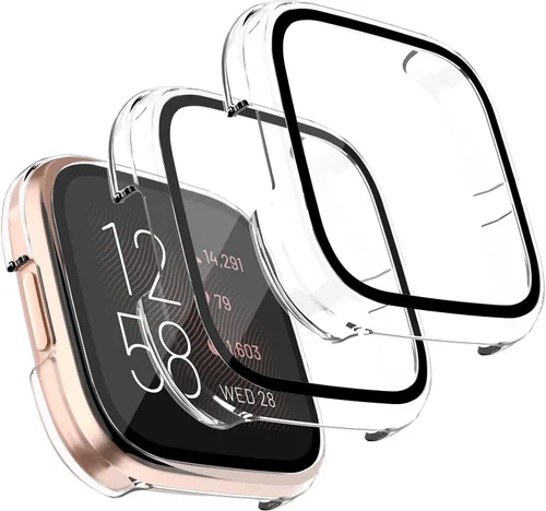 Vista 8 de Tobfit - Protector de pantalla para Fitbit Versa 2 con funda protectora de vidrio templado HD, carcasa rígida de policarbonato de cobertura completa