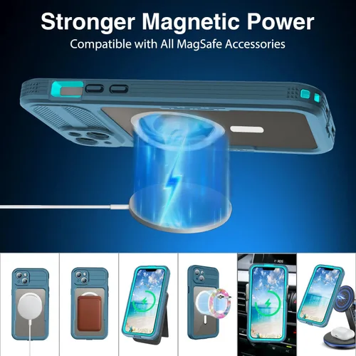 Vista 4 de Funda protectora de cuerpo completo compatible con iPhone 15 de 6.1 pulgadas, magnética, impermeable, a prueba de caídas, nieve, arañazos