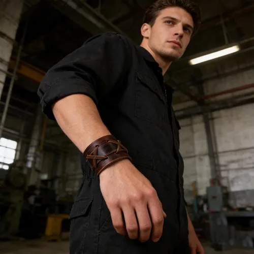 Vista 3 de HZMAN Pulseras de Cuero Marrón Pulsera de Puño de Cuero para Hombre Pulsera de Muñequera Ajustable Joyería de Regalo