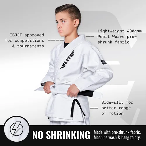Vista 2 de Elite Sports Kids BJJ GI - Kimono brasileño Jiujitsu Gi con tela preencogida y cinturón, para niños y jóvenes, aprobado por la IBJJF