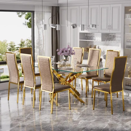 Vista 42 de Juego de mesa de comedor de cristal dorado moderno de 63 pulgadas para 6, juego de mesa de cocina rectangular de 7 piezas con patas de acero Negro