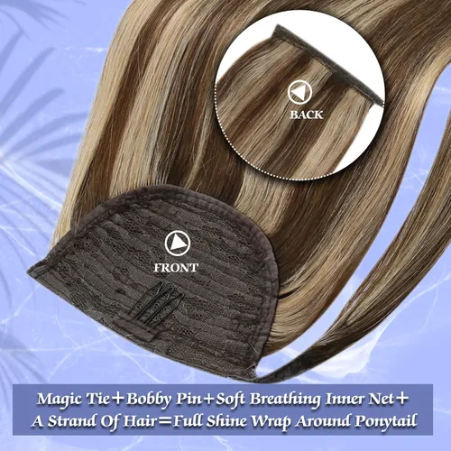 Vista 2 de Extensiones de cabello Full Shine con clip para cola de caballo, cabello humano, tonos medios marrones y rubio miel, envoltura alrededor de la cola