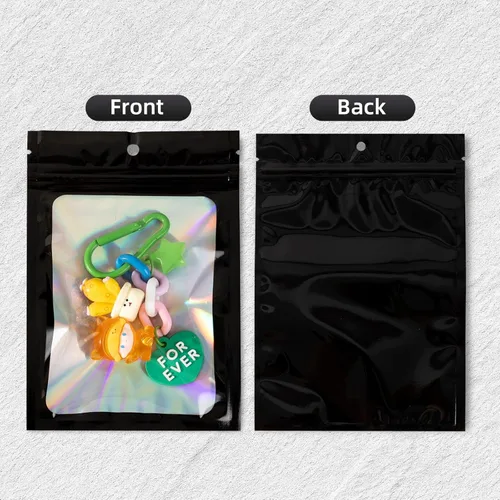 Vista 3 de 50 bolsas holográficas negras de Mylar de 5.5 x 7.8 pulgadas, bolsas con cremallera de aluminio resellables para gomitas, recuerdos de fiesta