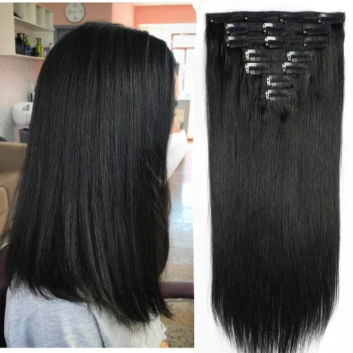 Vista 16 de Extensiones de cabello humano con clip de 14 pulgadas, 4.33 oz, 7 piezas, 16 clips, color marrón chocolate, doble trama, extensiones de cabello Remy