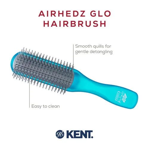 Vista 4 de Kent AHGLO01 Airhedz Glo Blue Cepillo de pelo desenredante estrecho medio redondo – 9 filas iónico antiestático no rayado largo cerdas de nailon