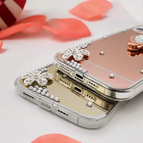 Vista 5 de Compatible con iPhone 13 - Funda con espejo de maquillaje para mujeres y niñas, funda de lujo con diamantes de imitación brillantes con anillo