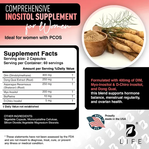Vista 4 de B Life Company Suplemento DIM 400 mg con Myo & D-Chiro Inositol, Dong Quai - Equilibrio Hormonal para Mujeres - Suplementos de fertilidad
