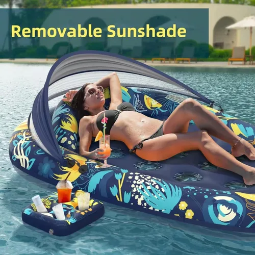 Vista 6 de Sunikko X Flotadores de piscina 3 en 1 con soporte para toldo, flotadores grandes de 73 x 48 pulgadas para adultos, resistente, tumbona inflable
