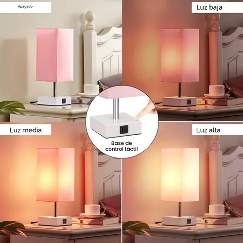 Vista 4 de Lámpara de mesa Ambimall con control táctil y 2 puertos de carga USB, lámpara de mesa de 3 modos para mesita de noche, lámpara de noche para A: rosa