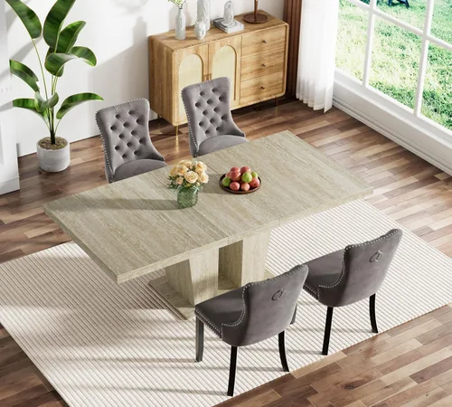 Vista 29 de Juego de mesa de comedor extensible marrón de 63 a 78.74 pulgadas para 4, juego de mesa de comedor de 5 piezas con 4 sillas, mesa de cocina