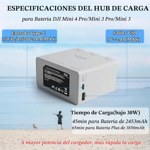 Vista 5 de Paquete de 3 mini baterías de vuelo inteligente serie 3 Plus 3850mAh con combo de concentrador de carga bidireccional para DJI Mini 4 Pro Drone