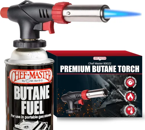 Vista 9 de Chef Master 90022 - Encendedor de butano con 4 botes de estaño de combustible de butano, antorcha de cocina recargable y antorcha de cocina