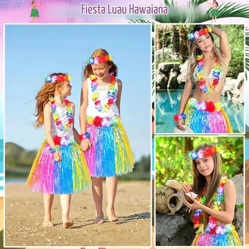 Vista 6 de Fortuning's JDS Falda hawaiana de hierba hula para niña, con flores elásticas a juego, juego de disfraz para fiesta de playa tropical Luau Azul