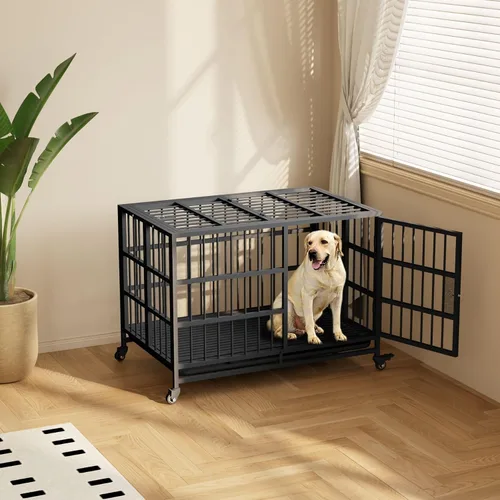Vista 2 de Jaula para perros resistente de 48 pulgadas, resistente a la corrosión, plegable de metal XXXL con base ensanchada, pestillo mejorado, bandeja