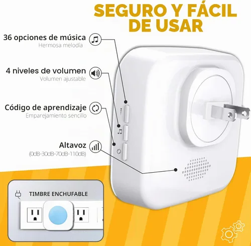 Vista 5 de Timbre inalámbrico de puerta de 1200 pies para el hogar con luz intermitente para discapacidad auditiva, 1 botón de batería y 3 receptores 1 botón