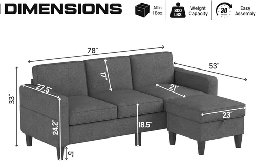 Vista 2 de ZeeFu Sofá para sala de estar – Sofá seccional en forma de L de lino beige de 78 pulgadas con otomana de almacenamiento – Moderno sofá tapizado