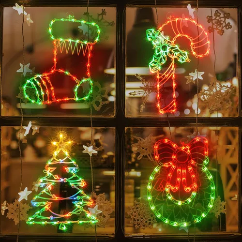 Vista 9 de LAMPHOME Paquete de 4 luces iluminadas con diseño de Feliz Navidad, lazo, Papá Noel, estrella de Belén, decoración de ventana para Navidad, fiesta