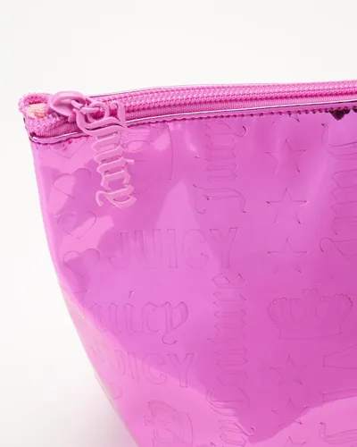 Vista 4 de Juicy Couture Bolsa de maquillaje rosa intenso, organizador de cosméticos, artículos esenciales de viaje, con cremallera, cuña brillante
