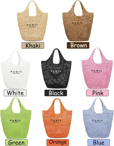 Vista 6 de IBower Bolsa tejida de paja para mujer, bolsa de playa de malla de paja, bolsa de hombro, plegable, de gran capacidad, para días festivos y fiestas