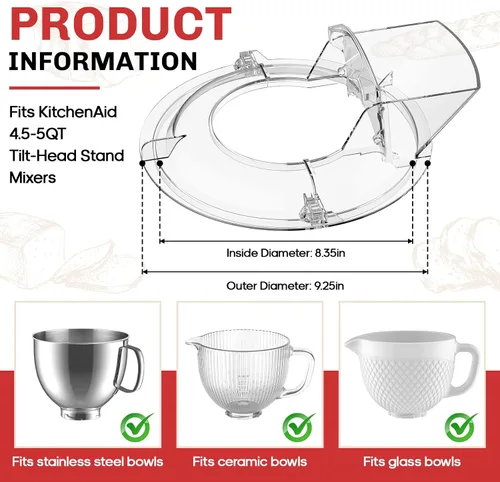 Vista 3 de Escudo de vertido para mezclador KitchenAid, protector contra salpicaduras para batidora de pie de ayuda de cocina, funciona con cuencos mezcladores