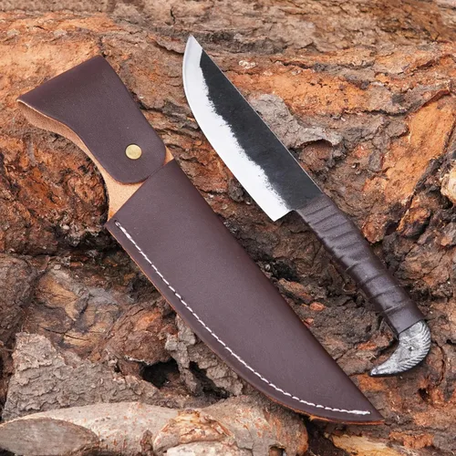Vista 7 de LEONA CRAFT® Cuchillo de caza fijo hecho a mano Cuchillo vikingo nórdico de cabeza de cuervo Odin's con funda de cuero, hoja de acero al carbono